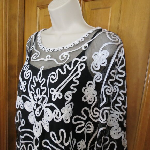 Weavz Black Mesh Top Women's Tambour Stitching in White Sheer Size Large - Picture 3 of 8